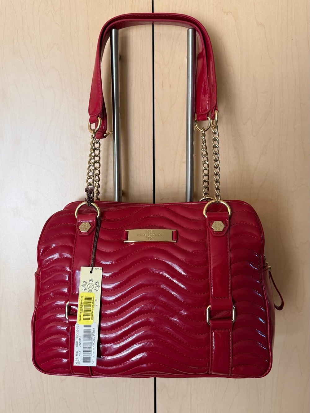 KATE LANDRY Deep Red Quilted Faux Leather Shoulder Bag with Gold Chain Accents